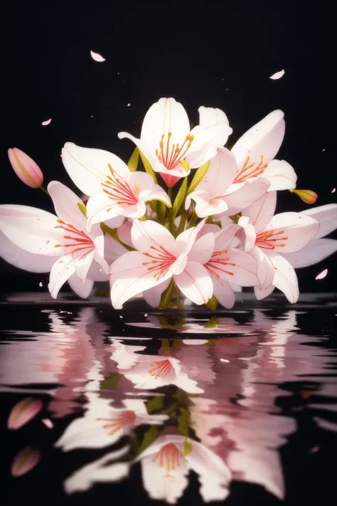 (masterpiece, best quality:1.2), extremely detailed, detailed hair, intricate details, finely detailed, soft lighting, volumetric lighting, no humans, nature, cherry blossoms,lily \(flower\), flowers, water, reflection, reflective water,