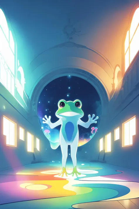 (masterpiece, best quality:1.2), extremely detailed, intricate details, finely detailed, soft lighting, volumetric lighting, (atmospheric perspective), no humans, frog, ((psychedelic, art)),