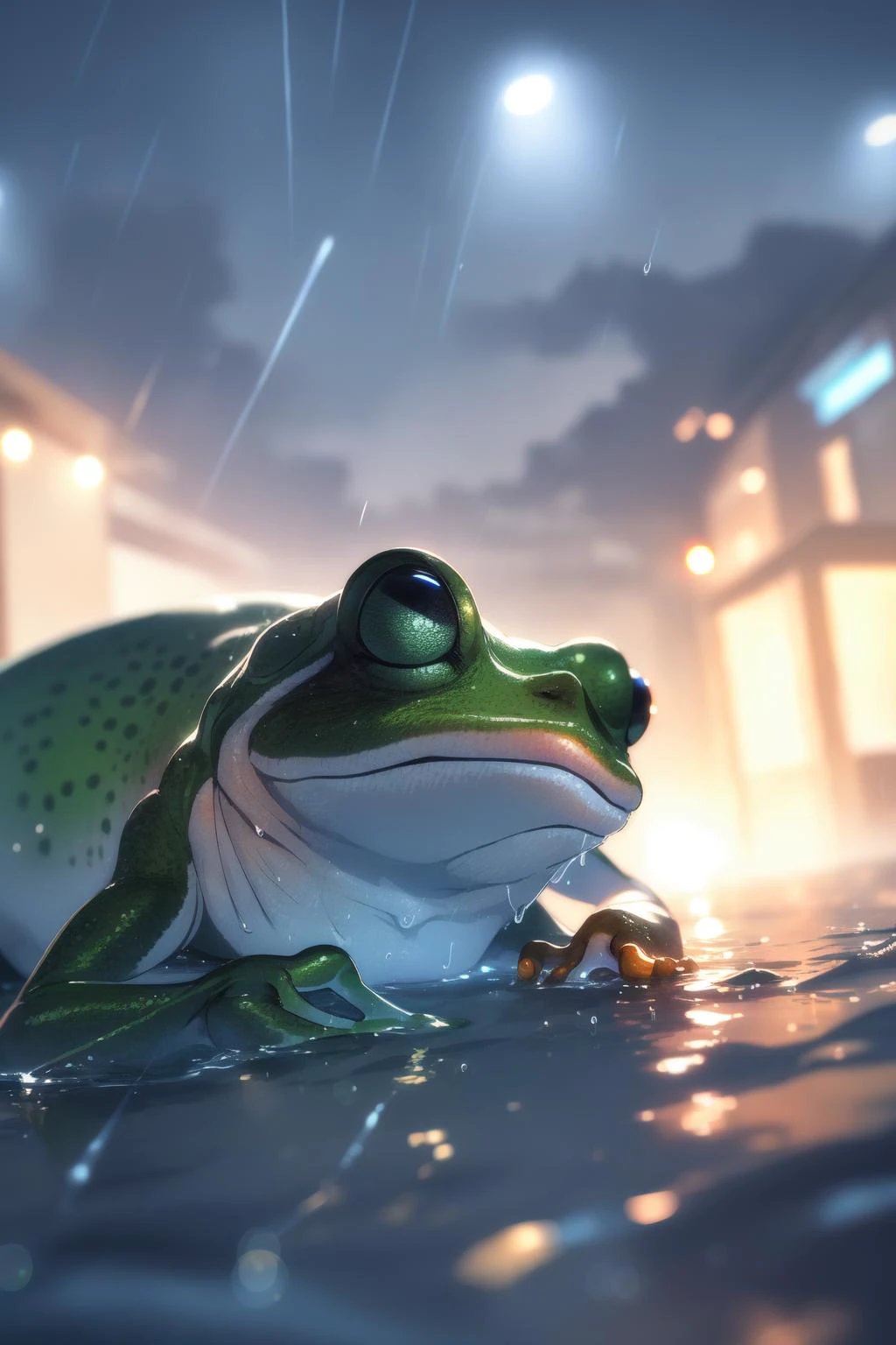 (masterpiece, best quality:1.2), extremely detailed, intricate details, finely detailed, soft lighting, volumetric lighting, (atmospheric perspective), no humans, frog, rain,