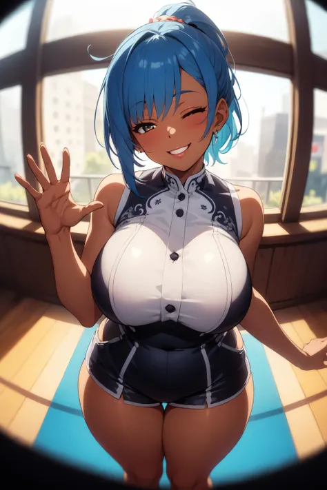 (masterpiece, best quality:1.2), extremely detailed, detailed hair, intricate details, finely detailed, soft lighting, volumetric lighting, 1girl, solo, depth of field,bokeh , portrait , (fisheye) , head tilt , waving , , thick thighs, curvy, gigantic breasts, sidelocks, alternate hairstyle, blue hair, multicolored hair,crew cut ,folded ponytail, , one eye closed, smile, laughing, lips, (dark skin) , , ,