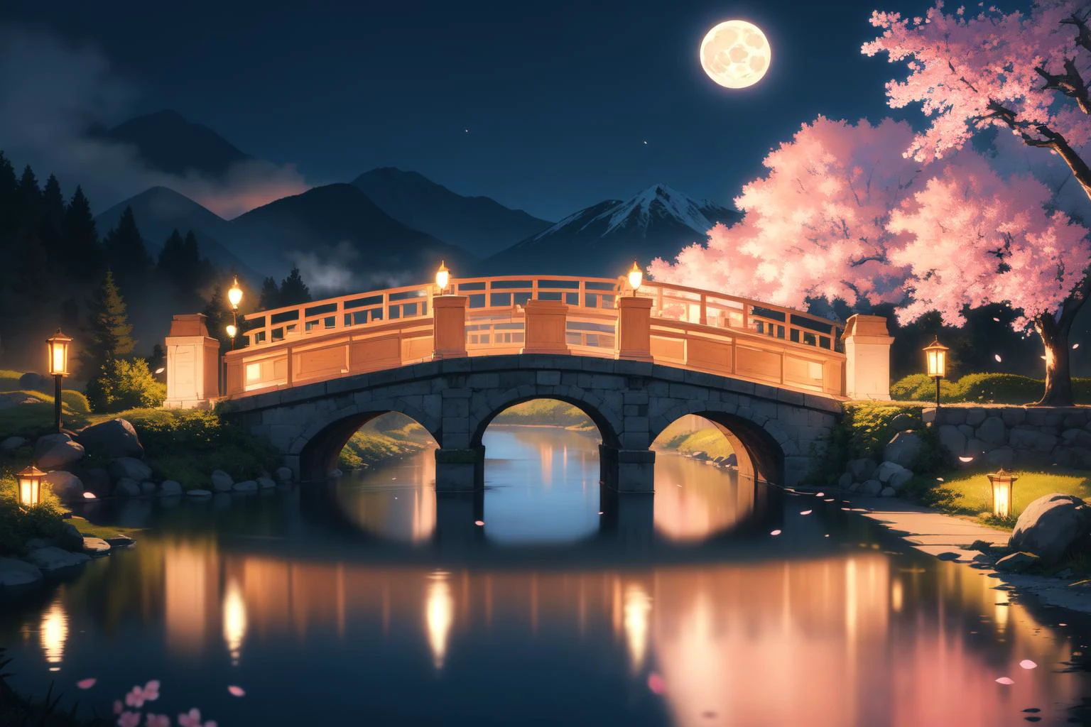 (masterpiece, best quality:1.2), extremely detailed, detailed hair, intricate details, finely detailed, soft lighting, volumetric lighting, no humans, nature, cherry blossoms, garden, flowers, water, reflection, reflective water, bridge, mountain, moon, moonlight, fog,