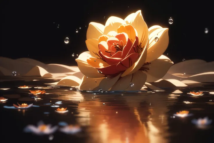 (masterpiece, best quality:1.2), extremely detailed, intricate details, finely detailed, soft lighting, volumetric lighting, flower, [red rose:lily \(flower\):20], water, reflection, reflective water, dark, light particles, water drop,