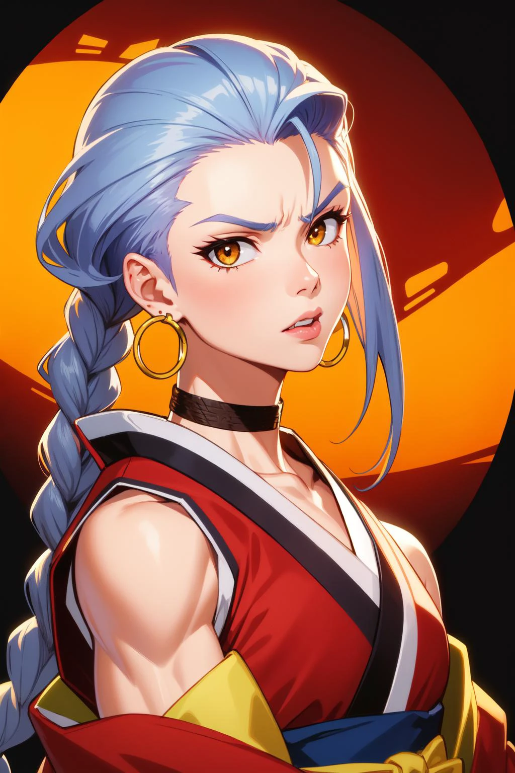 (masterpiece, best quality:1.2), extremely detailed, detailed hair, intricate details, finely detailed, soft lighting, volumetric lighting, 1girl, solo, , portrait, (fisheye), looking at viewer, muscular, muscular female, ninja, kimono, sidelocks, , grey hair, undercut ,low-braided long hair, lips, angry, semi-hoop earrings ,choker , , (red theme, yellow theme) ,