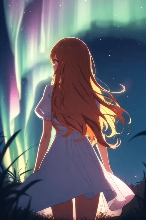 (masterpiece, best quality:1.2), extremely detailed, detailed hair, intricate details, finely detailed, soft lighting, volumetric lighting, 1girl, solo, from behind, night, night sky, glowing, grass, starry sky, dark, aurora,