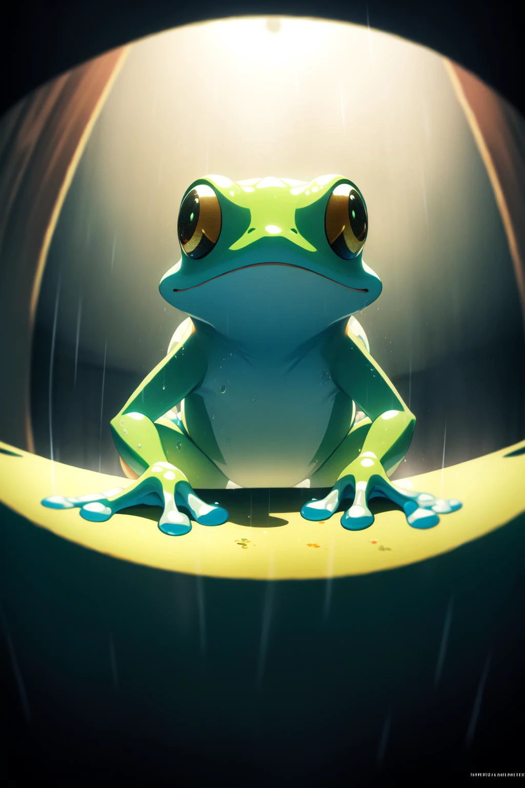 (masterpiece, best quality:1.2), extremely detailed, intricate details, finely detailed, soft lighting, volumetric lighting, (fisheye), no humans, frog, rain,