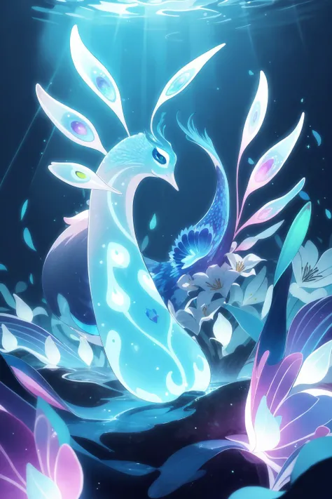 (masterpiece, best quality:1.2), extremely detailed, intricate details, finely detailed, soft lighting, volumetric lighting, (panorama), no humans, peacock, [lily \(flower\):20], dark, glowing, bioluminescence