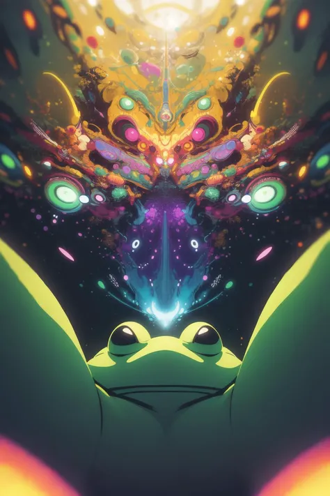 (masterpiece, best quality:1.2), extremely detailed, intricate details, finely detailed, soft lighting, volumetric lighting, (perspective), no humans, ([frog:alien:20]), (((psychedelic, abstract))),