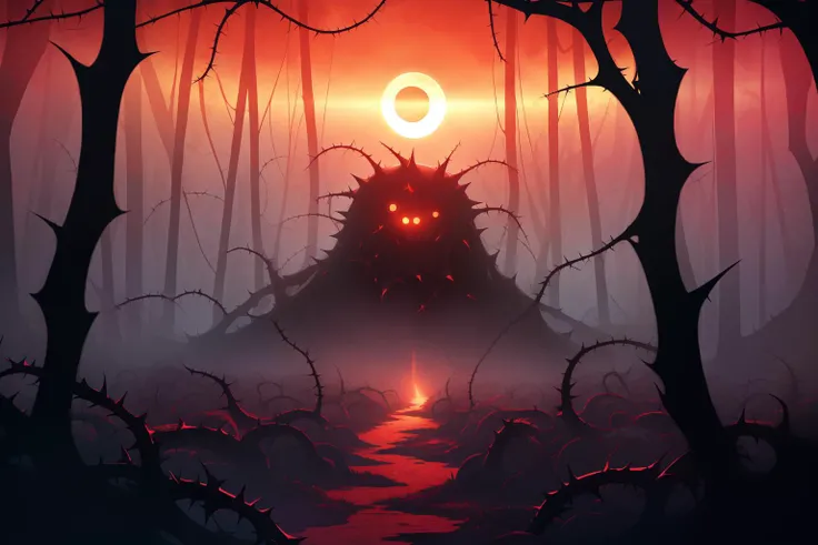 (masterpiece, best quality:1.2), extremely detailed, intricate details, finely detailed, soft lighting, volumetric lighting, (panorama), no humans, ((psychedelic)), vines thorns, forest,(red [moon|sun]), eclipse, fog, ((horror \(theme\))), dark, glowing,