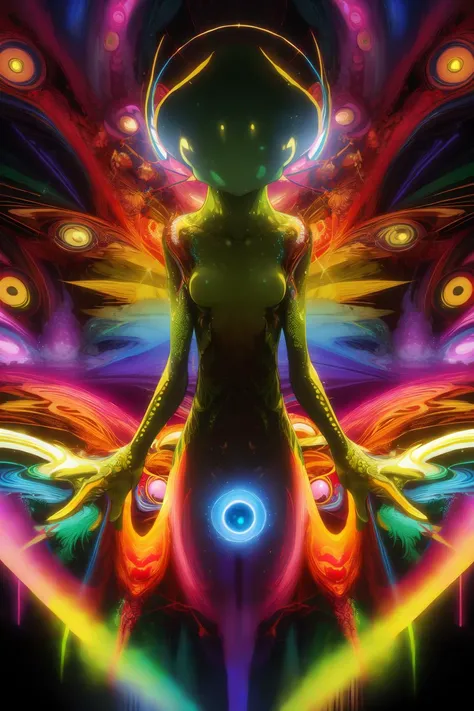 (masterpiece, best quality:1.2), extremely detailed, intricate details, finely detailed, soft lighting, volumetric lighting, no humans, [alien|frog], black theme, ((((psychedelic)))),