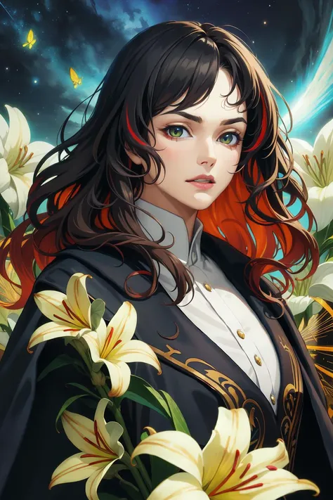 (masterpiece, best quality:1.2), extremely detailed, detailed hair, intricate details, finely detailed, soft lighting, volumetric lighting, [1girl, mature female, solo:1boy,male focus:24], looking at viewer, close-up , coat, black coat, , flower, lily \(flower\),red flower , [(sun)|moon], night, starry sky, butterfly, wavy hair, black hair , parted bangs, sidecut , streaked hair ,bow-shaped hair, (psychedelic:1.3), <lora:ayamiKojimaV1LOL:1>