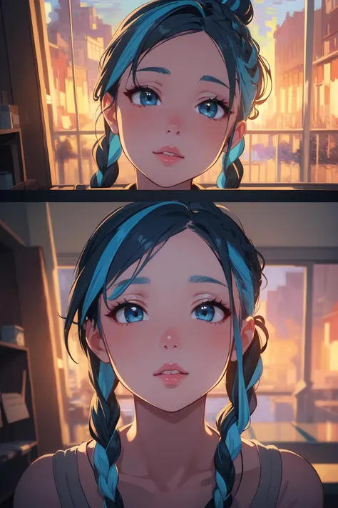 (masterpiece, best quality:1.2), extremely detailed, intricate details, finely detailed, soft lighting, volumetric lighting, (perspective), (impressionism:1.4), solo,[1boy:1girl:10], lips, (parted bangs, hair up, blue hair, two-tone hair,hime cut ,tri braids),