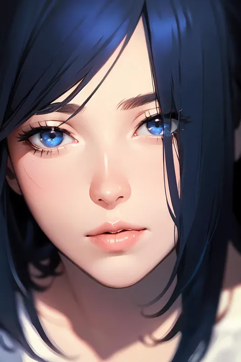 (masterpiece, best quality:1.2), extremely detailed, intricate details, finely detailed, soft lighting, volumetric lighting, (vanishing point), close-up, realistic, photorealistic, solo,[1boy:1girl,mature female:20], , lips, (hair intakes, , dark blue hair, colored tips),