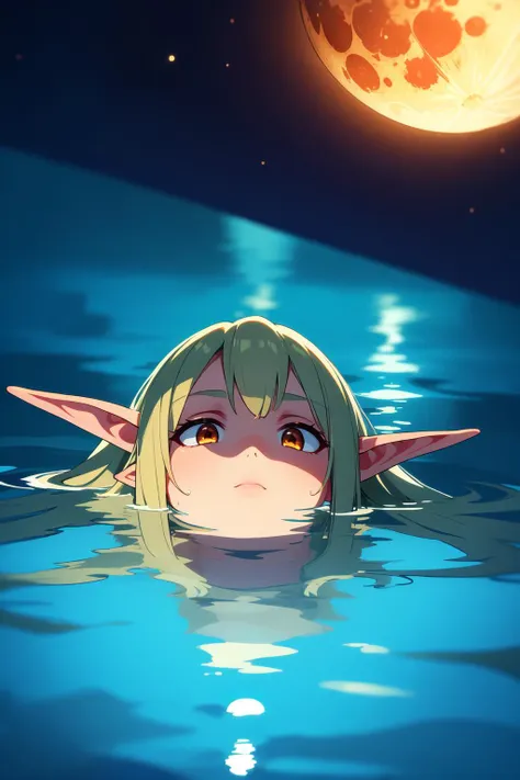 (masterpiece, best quality:1.2), extremely detailed, intricate details, finely detailed, soft lighting, volumetric lighting, (vanishing point), close-up, elf, dark elf, pointy ears, (partially submerged:1.2), lake, water, reflection, reflective water, moon, moonlight, lunar eclipse,