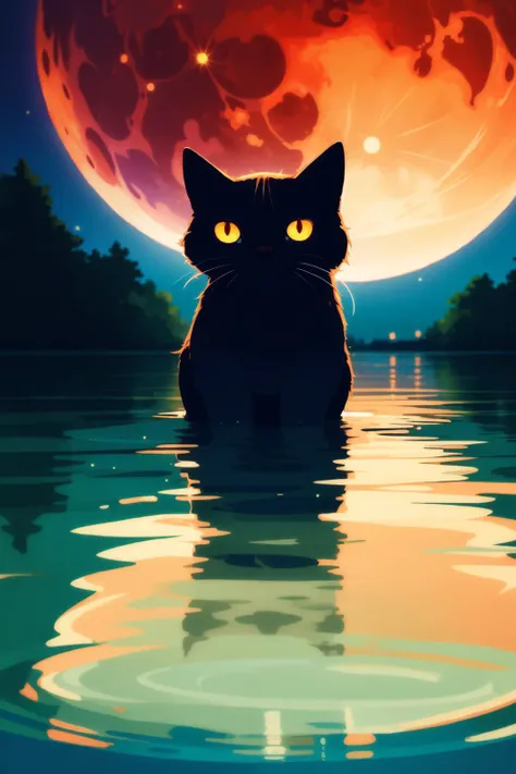 (masterpiece, best quality:1.2), extremely detailed, intricate details, finely detailed, soft lighting, volumetric lighting, (perspective), close-up, no humans, [black cat,cat|ghost], lake, water, reflection, reflective water, moon, moonlight, lunar eclipse,