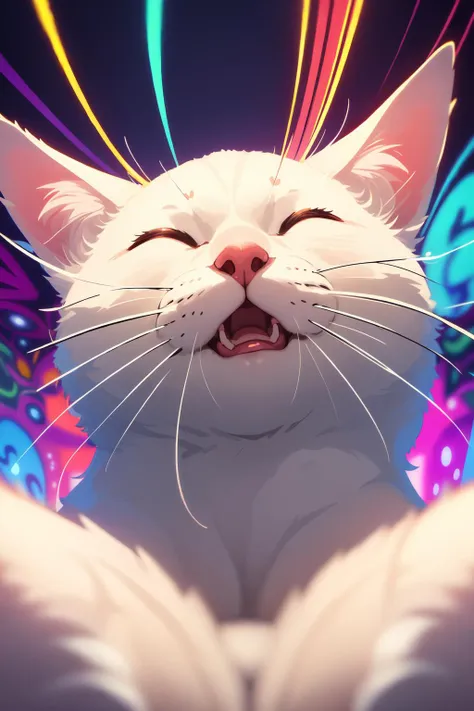 (masterpiece, best quality:1.2), extremely detailed, intricate details, finely detailed, soft lighting, volumetric lighting, (vanishing point), no humans, white cat, yawning, closed eyes, whiskers, (((psychedelic)))