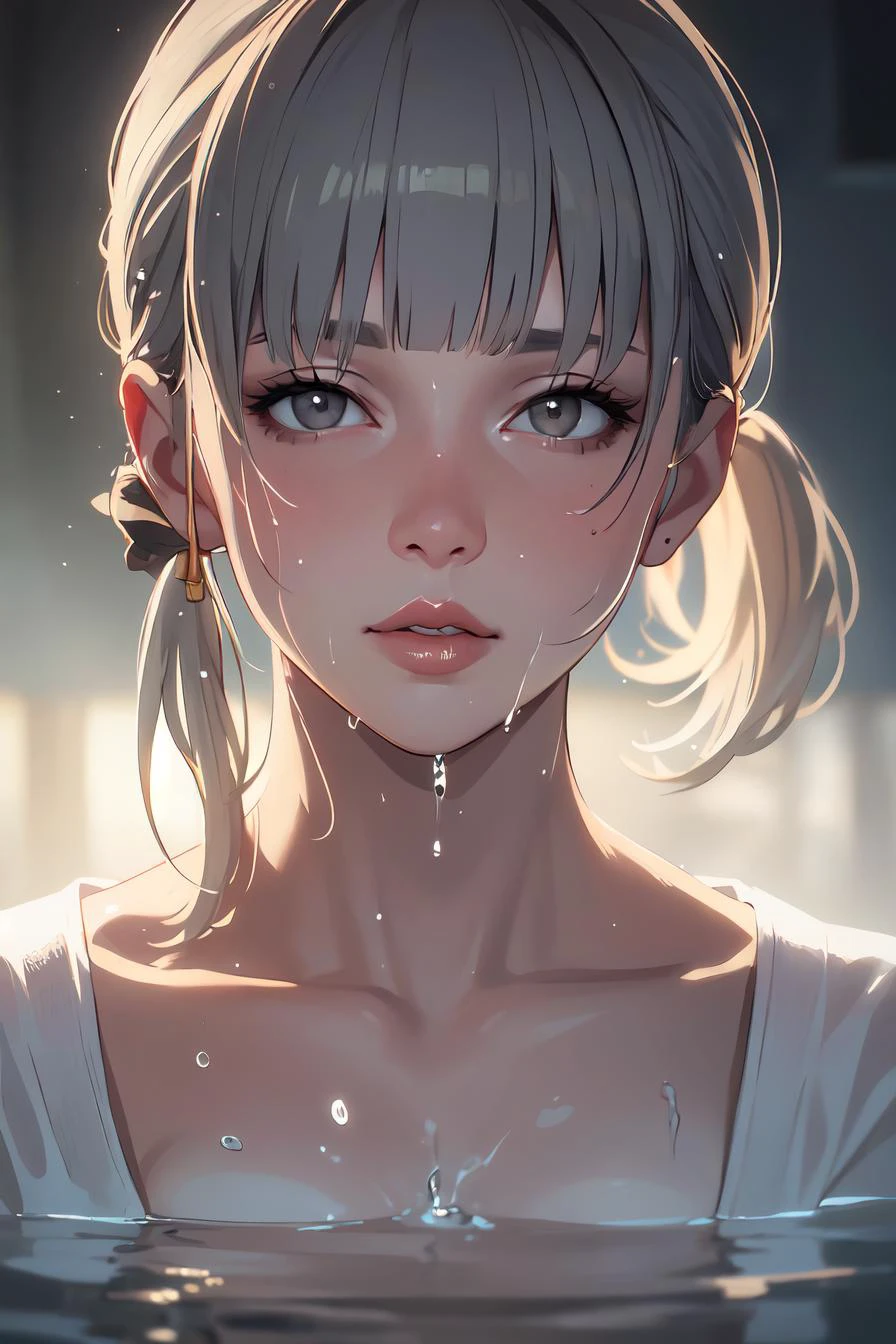 (masterpiece, best quality:1.2), extremely detailed, intricate details, finely detailed, soft lighting, volumetric lighting, (atmospheric perspective), close-up, realistic, photorealistic, solo,[1boy:1girl,mature female:], , lips,wet hair, water drop, (blunt bangs, alternate hairstyle, grey hair, hime cut ,side ponytail),