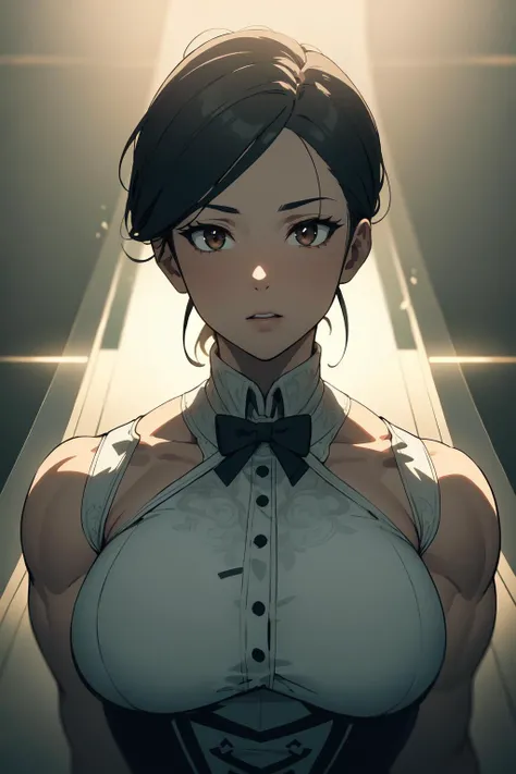 (masterpiece, best quality:1.2), extremely detailed, intricate details, finely detailed, soft lighting, volumetric lighting, (vanishing point), [1boy:1girl, muscular, muscular female, huge breasts:10], upper body, [suit, tuxedo| corset],