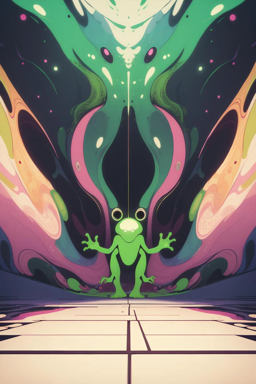(masterpiece, best quality:1.2), extremely detailed, intricate details, finely detailed, soft lighting, volumetric lighting, (vanishing point), no humans, ([frog:alien:20]), (((psychedelic, abstract))),