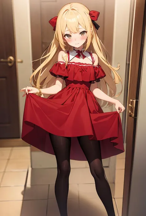 (masterpiece, best quality), 1girl, blonde hair, red dress, pantyhose, cute face, blush,