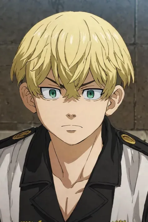 score_9, score_8_up, score_7_up, score_6_up, score_5_up, score_4_up, BREAK source_anime, (best quality:1.1), (masterpiece:1.4), looking at viewer, , depth of field, 1boy, solo, male focus, <lora:chifuyu_matsuno_pony:0.92>, chifuyu_matsuno, blonde hair, green eyes, short hair, hair between eyes, bangs, undercut, camo costume, science fiction dieselpunk, One hand raised, seeking attention, <lora:sdxl_lightning_8step_lora:1>