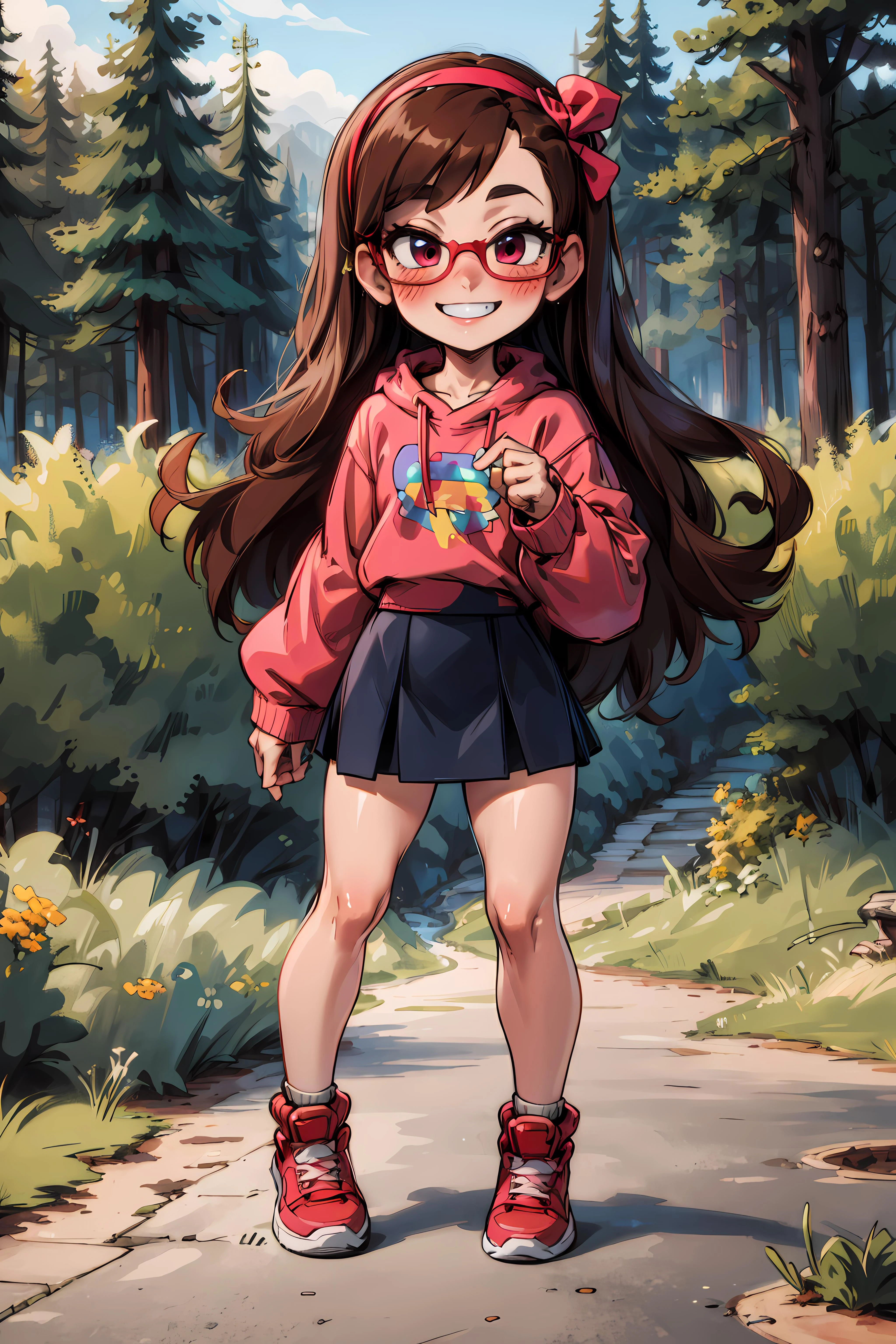 <lora:mabel-pines:0.7> mabel-pines, 1girl, solo, long_hair, smile, brown_hair, hairband, glasses, sweater, blush, (((full body))), skirt,