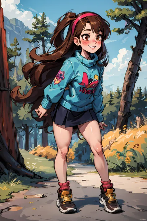 <lora:mabel-pines:0.7> mabel-pines, 1girl, solo, long_hair, smile, brown_hair, hairband, sweater, blush, (((full body))), skirt, adult, (((sfw)))