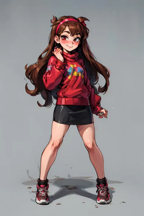 <lora:mabel-pines:0.7> mabel-pines, 1girl, solo, long_hair, smile, brown_hair, hairband, sweater, blush, (((full body))), skirt, adult, (((sfw)))