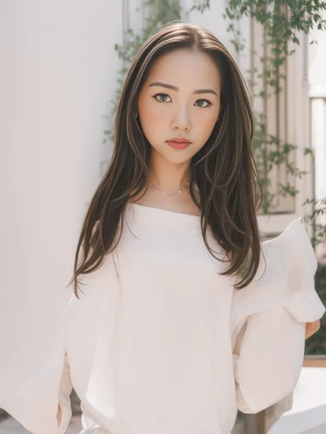 best quality, 1girl, solo, black eyes, lips, realistic, photo,  standing , ultra-detailed, natural lighting, cityscape, street,  depth of field, upper body,