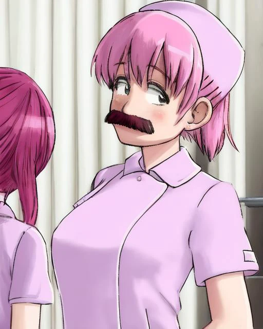 <lora:moustache:0.7>, 1girl, moustache, nurse, pink_hair