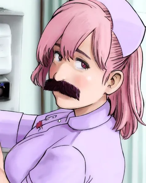 <lora:moustache:0.7>, 1girl, moustache, nurse, pink_hair