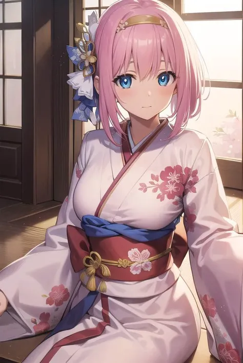 princessconnectyui, <lyco:princessconnectyui-lyco-nochekaiser:1>,
yui, 1girl, blue eyes, hair between eyes, medium hair, pink hair, sidelocks,
BREAK blue flower, floral print, flower, hair flower, hair ornament, hairband, japanese clothes, kimono, long sleeves, obi, pink kimono, print kimono, red flower, red hairband, sash, wide sleeves,
BREAK looking at viewer,
BREAK indoors, classroom,
BREAK <lyco:GoodHands-beta2:1>, (masterpiece:1.2), best quality, high resolution, unity 8k wallpaper, (illustration:0.8), (beautiful detailed eyes:1.6), extremely detailed face, perfect lighting, extremely detailed CG, (perfect hands, perfect anatomy),