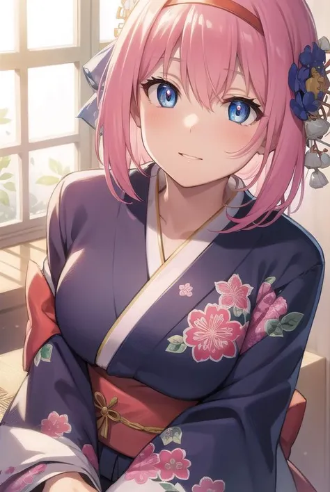 princessconnectyui, <lyco:princessconnectyui-lyco-nochekaiser:1>,
yui, 1girl, blue eyes, hair between eyes, medium hair, pink hair, sidelocks,
BREAK blue flower, floral print, flower, hair flower, hair ornament, hairband, japanese clothes, kimono, long sleeves, obi, pink kimono, print kimono, red flower, red hairband, sash, wide sleeves,
BREAK looking at viewer,
BREAK indoors, classroom,
BREAK <lyco:GoodHands-beta2:1>, (masterpiece:1.2), best quality, high resolution, unity 8k wallpaper, (illustration:0.8), (beautiful detailed eyes:1.6), extremely detailed face, perfect lighting, extremely detailed CG, (perfect hands, perfect anatomy),