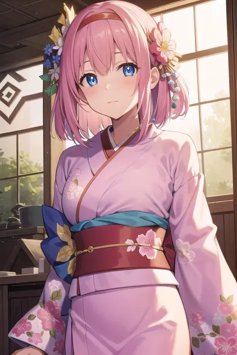 princessconnectyui, <lyco:princessconnectyui-lyco-nochekaiser:1>,
yui, 1girl, blue eyes, hair between eyes, medium hair, pink hair, sidelocks,
BREAK blue flower, floral print, flower, hair flower, hair ornament, hairband, japanese clothes, kimono, long sleeves, obi, pink kimono, print kimono, red flower, red hairband, sash, wide sleeves,
BREAK looking at viewer,
BREAK indoors, classroom,
BREAK <lyco:GoodHands-beta2:1>, (masterpiece:1.2), best quality, high resolution, unity 8k wallpaper, (illustration:0.8), (beautiful detailed eyes:1.6), extremely detailed face, perfect lighting, extremely detailed CG, (perfect hands, perfect anatomy),