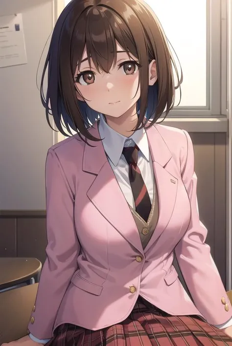princessconnectyui, <lyco:princessconnectyui-lyco-nochekaiser:1>,
yui, bob cut, (brown eyes:1.7), brown hair, medium hair,
BREAK blazer, jacket, necktie, (pink jacket:1.5), plaid, plaid skirt, pleated skirt, red necktie, (red skirt:1.5), school uniform, skirt, tsubakigaoka metropolitan high school uniform,
BREAK looking at viewer,
BREAK indoors, classroom,
BREAK <lyco:GoodHands-beta2:1>, (masterpiece:1.2), best quality, high resolution, unity 8k wallpaper, (illustration:0.8), (beautiful detailed eyes:1.6), extremely detailed face, perfect lighting, extremely detailed CG, (perfect hands, perfect anatomy),