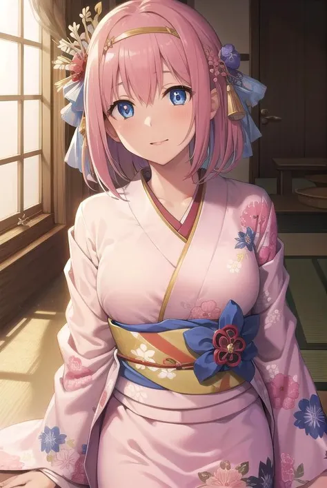 princessconnectyui, <lyco:princessconnectyui-lyco-nochekaiser:1>,
yui, 1girl, blue eyes, hair between eyes, medium hair, pink hair, sidelocks,
BREAK blue flower, floral print, flower, hair flower, hair ornament, hairband, japanese clothes, kimono, long sleeves, obi, pink kimono, print kimono, red flower, red hairband, sash, wide sleeves,
BREAK looking at viewer,
BREAK indoors, classroom,
BREAK <lyco:GoodHands-beta2:1>, (masterpiece:1.2), best quality, high resolution, unity 8k wallpaper, (illustration:0.8), (beautiful detailed eyes:1.6), extremely detailed face, perfect lighting, extremely detailed CG, (perfect hands, perfect anatomy),