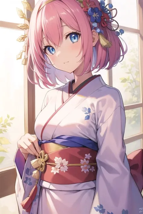 princessconnectyui, <lyco:princessconnectyui-lyco-nochekaiser:1>,
yui, 1girl, blue eyes, hair between eyes, medium hair, pink hair, sidelocks,
BREAK blue flower, floral print, flower, hair flower, hair ornament, hairband, japanese clothes, kimono, long sleeves, obi, pink kimono, print kimono, red flower, red hairband, sash, wide sleeves,
BREAK looking at viewer,
BREAK indoors, classroom,
BREAK <lyco:GoodHands-beta2:1>, (masterpiece:1.2), best quality, high resolution, unity 8k wallpaper, (illustration:0.8), (beautiful detailed eyes:1.6), extremely detailed face, perfect lighting, extremely detailed CG, (perfect hands, perfect anatomy),