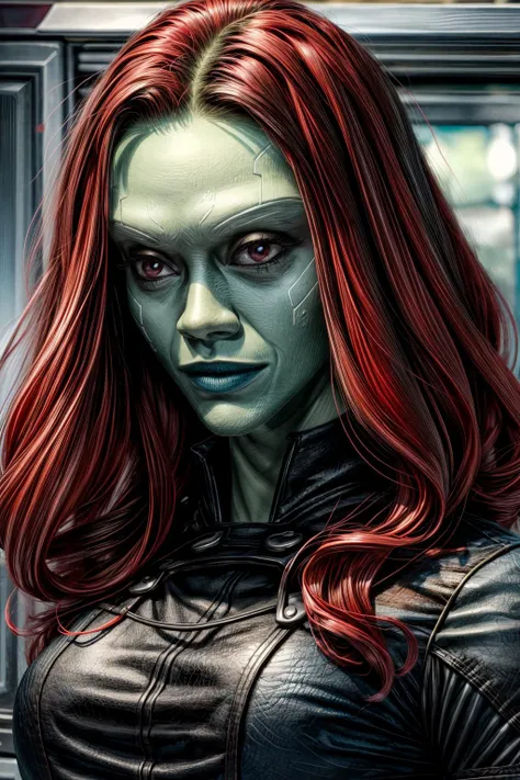 <lora:add_detail:1>, <lora:gamora:1>,g4m0r4, black shirt, portrait, red hair