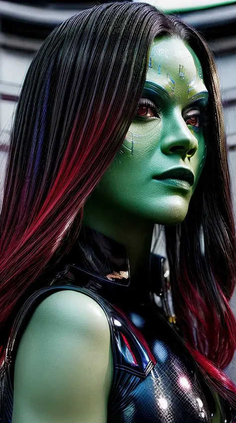 Closeup photo portrait of g4m0r4, black latex uniform, frontal view, atmospheric scene, masterpiece, best quality, (detailed beautiful face, detail skin texture, ultra-detailed body:1.1),
<lora:Gamora_Zoe-v1:1>