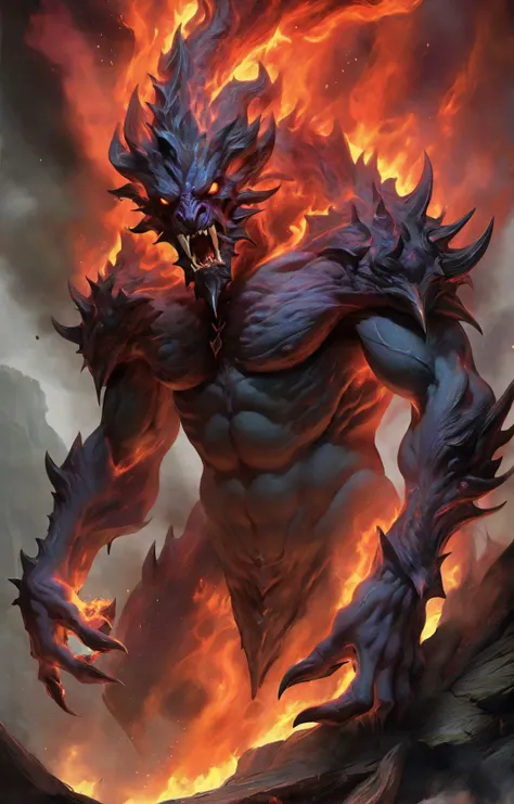 masterpiece, best quality, illustration, original, extremely detailed wallpaper, sketch, wash painting, color splashing, ink splashing, dyeing, colorful, fantasy creatures, dark and brooding fire elemental, diabolical, tyrannical