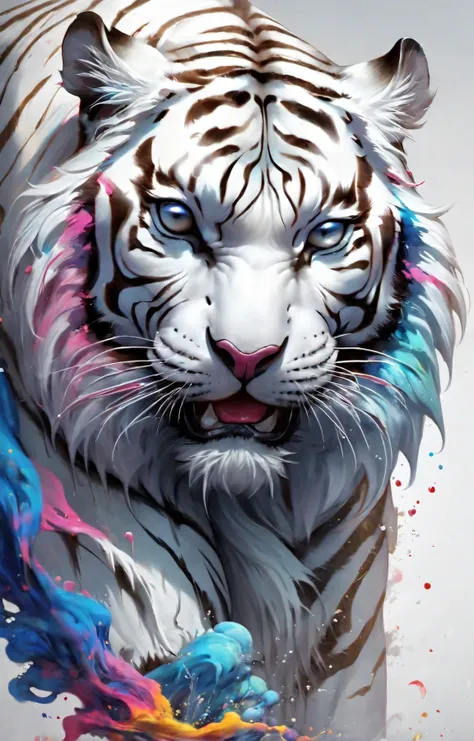 masterpiece, best quality, illustration, original, extremely detailed wallpaper, sketch, wash painting, color splashing, ink splashing, dyeing, Chinese painting, colorful, fantasy creatures, The White Tiger King, diabolical, tyrannical