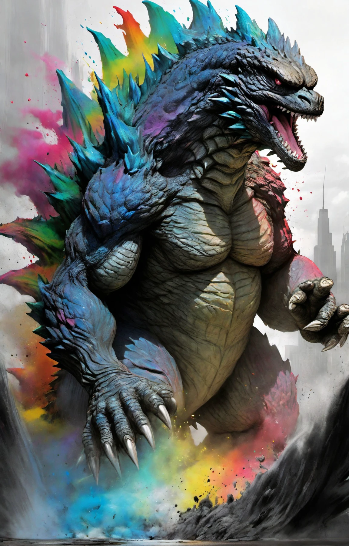 masterpiece, best quality, illustration, original, extremely detailed wallpaper, sketch, wash painting, color splashing, ink splashing, dyeing, colorful, fantasy creatures, dark and brooding godzilla, diabolical, tyrannical