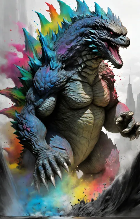 masterpiece, best quality, illustration, original, extremely detailed wallpaper, sketch, wash painting, color splashing, ink splashing, dyeing, colorful, fantasy creatures, dark and brooding godzilla, diabolical, tyrannical