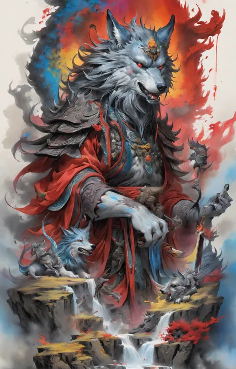 masterpiece, best quality, illustration, original, extremely detailed wallpaper, sketch, wash painting, color splashing, ink splashing, dyeing, Chinese painting, colorful, fantasy creatures, The Wolf King, diabolical, tyrannical