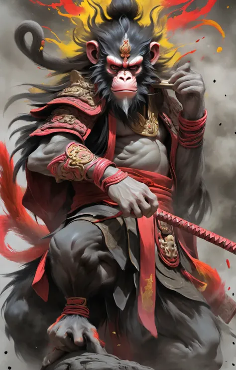 masterpiece, best quality, illustration, original, extremely detailed wallpaper, sketch, wash painting, color splashing, ink splashing, dyeing, colorful, fantasy creatures, dark and brooding The Monkey King, diabolical, tyrannical