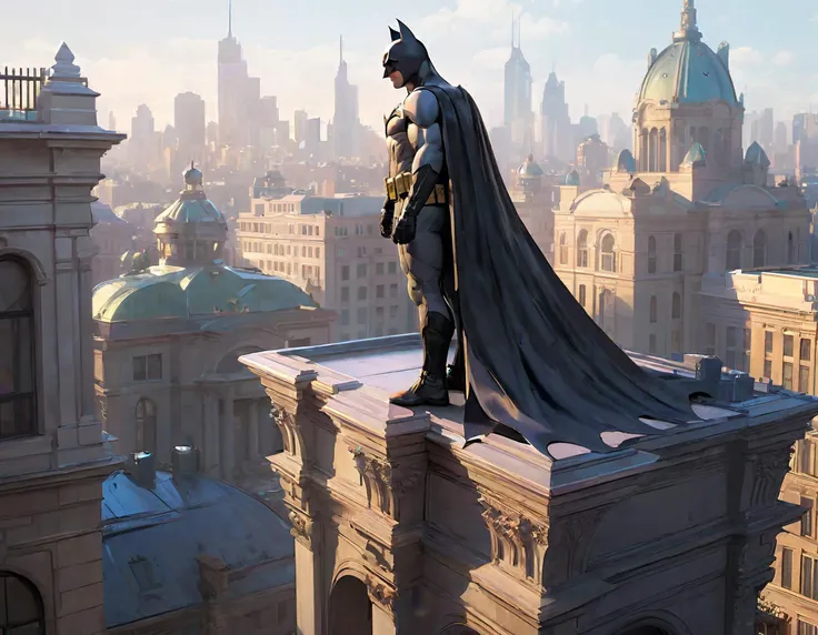 cinematic still, batman is standing on top of a building, intricate, beautiful, highly detailed, digital painting, artstation, concept art, smooth, sharp, focus, illustration, art by artgerm and greg rutkowski and alphonse mucha