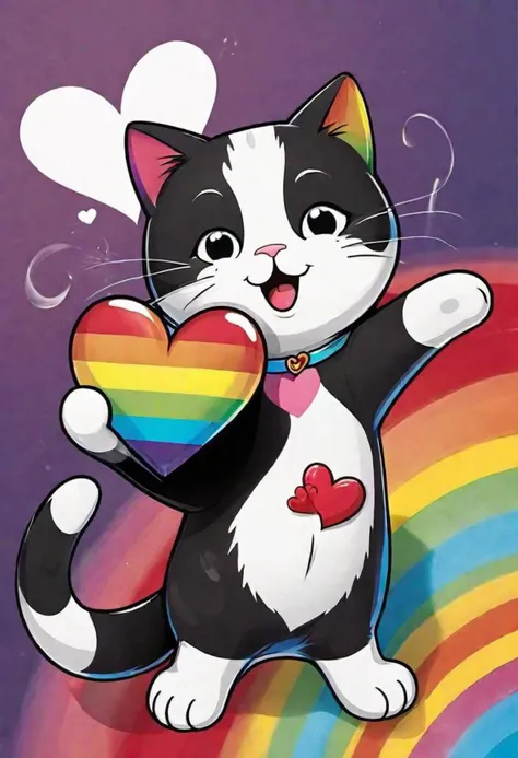 A black and white cat, colorful rainbow smoke as background, holding a heart that says 404, cartoon