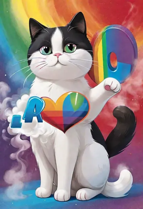 A black and white cat, colorful rainbow smoke as background, holding a heart that says 404, cartoon