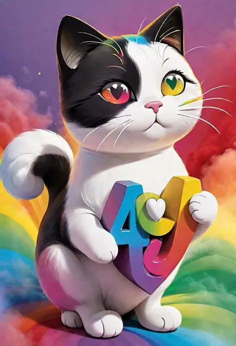 A black and white cat, colorful rainbow smoke as background, holding a heart that says 404, cartoon