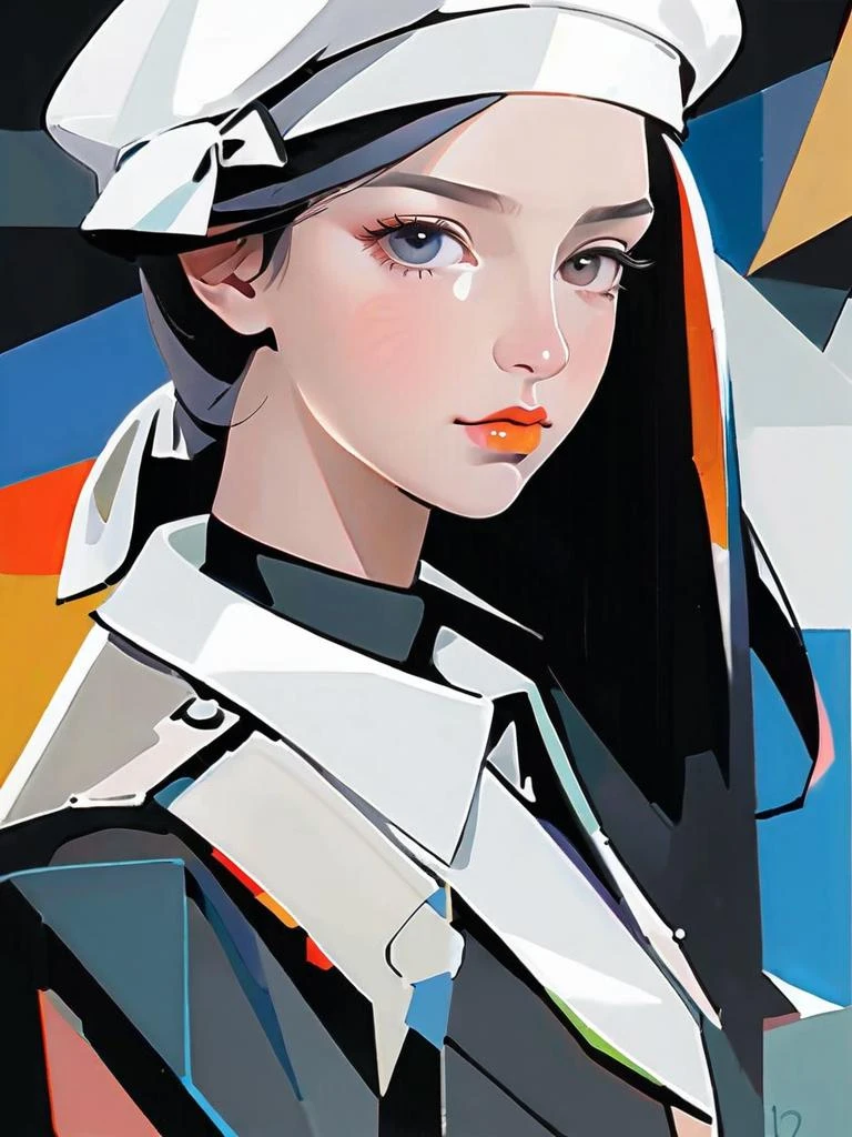 Maidens of Avignon, colorful, flat_color, limited palette, {{by Picasso}}, {{cubism}}, {{a girl}}, pretty face, upper body, flat_chest, floating black jacket, white school uniform, white beret), bowknot over white beret