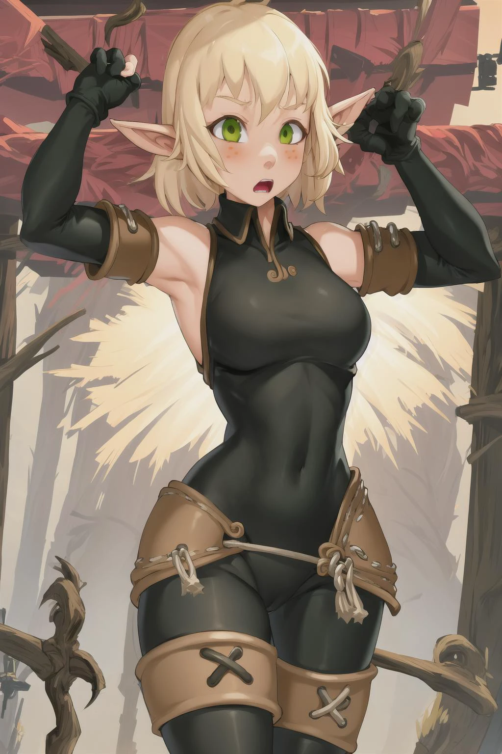 masterpiece, best quality, evangelyneold, 1girl, black gloves, blonde hair, blush, elf, fingerless gloves, gloves, green eyes, pointy ears, short hair, solo, wide-eyed, shocked, open mouth, outdoorsmasterpiece, best quality, evangelyneold, 1girl,  black gloves, blonde hair, blush, elf, fingerless gloves, gloves, green eyes, pointy ears, short hair, solo,  wide-eyed, shocked, open mouth, outdoors  <lora:Evangelynev1:1>